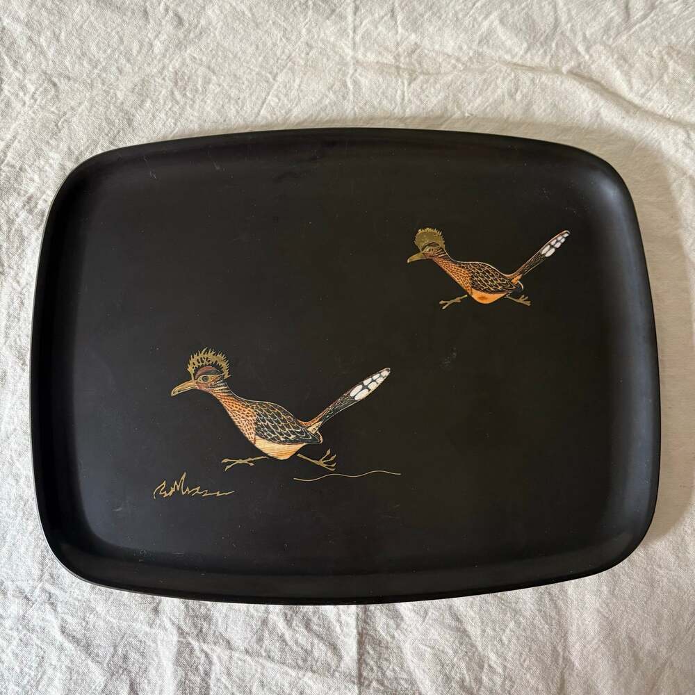 Couroc of Monterey Road Runner Wood Inlay Black Resin Tray - Mid Century Modern